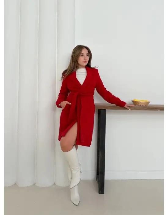 Cepli Kuşaklı Kaşe Kaban Kırmızı St26458