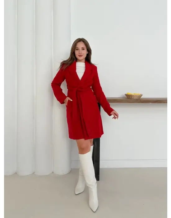 Cepli Kuşaklı Kaşe Kaban Kırmızı St26458