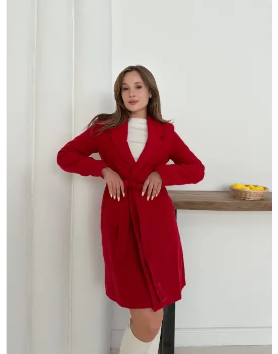 Cepli Kuşaklı Kaşe Kaban Kırmızı St26458