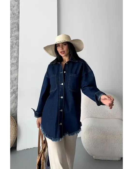 Cepli Püsküllü Kar Yıkama Kot Ceket Koyu Mavi D2515