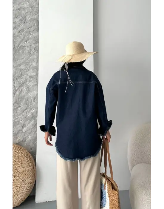 Cepli Püsküllü Kar Yıkama Kot Ceket Koyu Mavi D2515