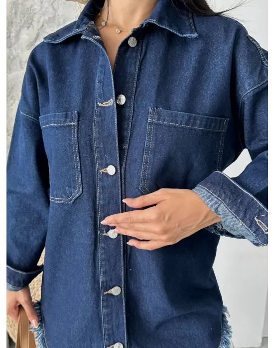 Cepli Püsküllü Kar Yıkama Kot Ceket Koyu Mavi D2515