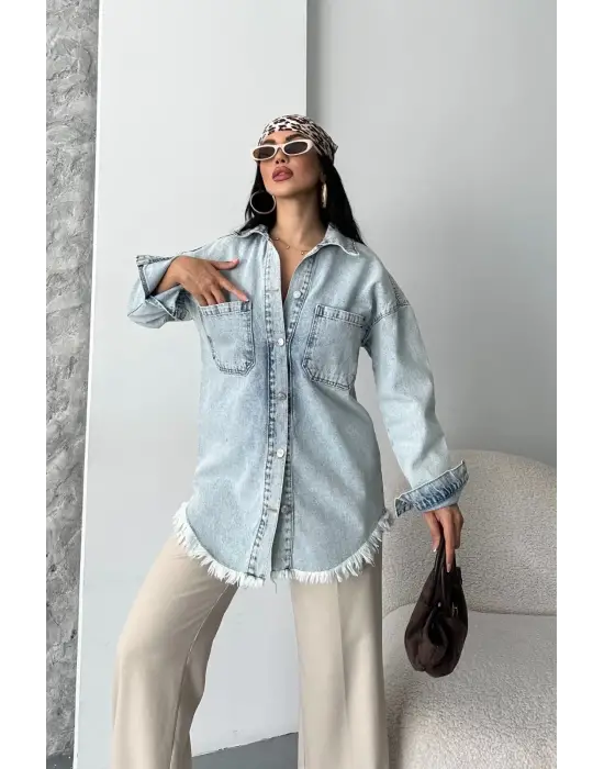 Cepli Püsküllü Kar Yıkama Kot Ceket Mavi D2515