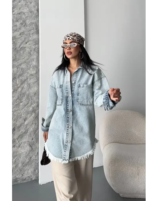 Cepli Püsküllü Kar Yıkama Kot Ceket Mavi D2515