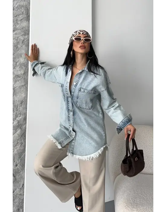 Cepli Püsküllü Kar Yıkama Kot Ceket Mavi D2515