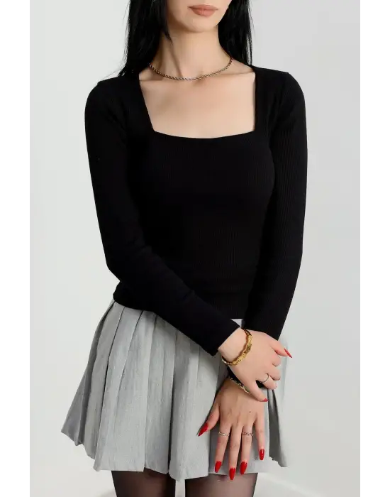 Çerçeve Yaka Kaşkorse Bluz Siyah