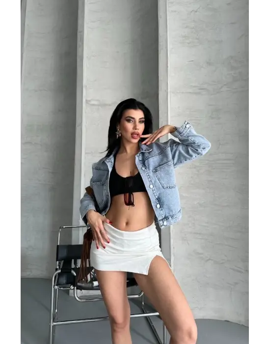 Çift Cepli Kol Katlamalı Kar Yıkama Crop Kot Ceket Buz Mavi D2000