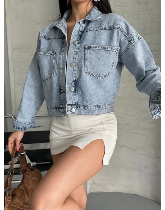 Çift Cepli Kol Katlamalı Kar Yıkama Crop Kot Ceket Buz Mavi D2000