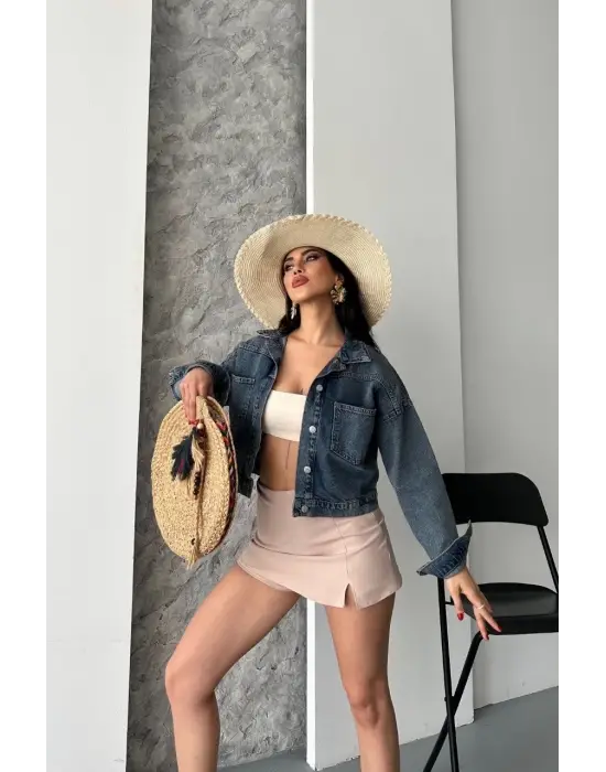 Çift Cepli Kol Katlamalı Kar Yıkama Crop Kot Ceket Kahve Tint D2000