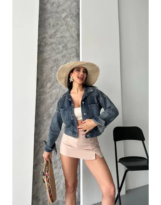 Çift Cepli Kol Katlamalı Kar Yıkama Crop Kot Ceket Kahve Tint D2000