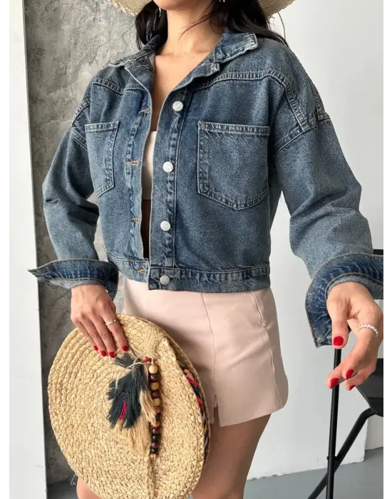 Çift Cepli Kol Katlamalı Kar Yıkama Crop Kot Ceket Kahve Tint D2000