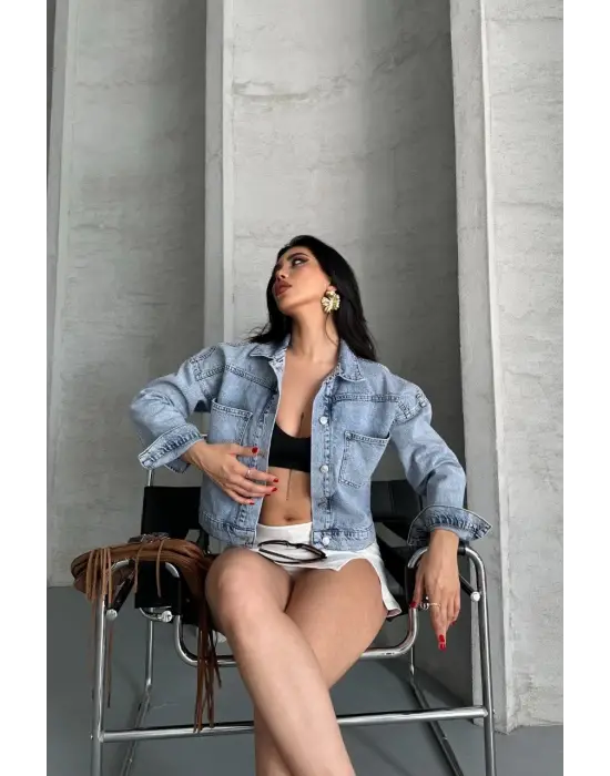 Çift Cepli Kol Katlamalı Kar Yıkama  Crop Kot Ceket Mavi D2000