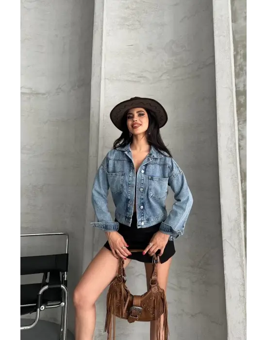 Çift Cepli Kol Katlamalı Kar Yıkama  Crop Kot Ceket Mavi D2000