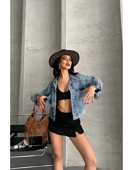 Çift Cepli Kol Katlamalı Kar Yıkama  Crop Kot Ceket Mavi D2000