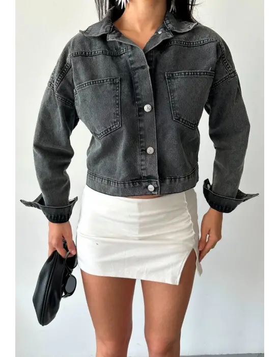 Çift Cepli Kol Katlamalı Süper Taş Enzim Yıkama Crop Kot Ceket Füme D2000