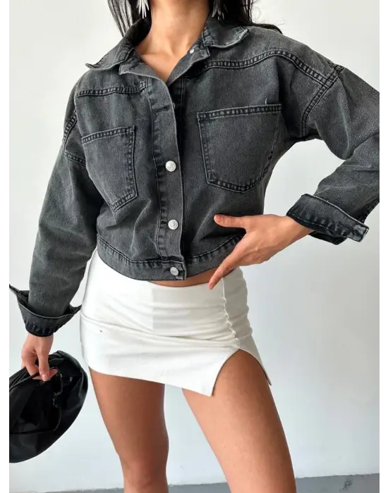 Çift Cepli Kol Katlamalı Süper Taş Enzim Yıkama Crop Kot Ceket Füme D2000