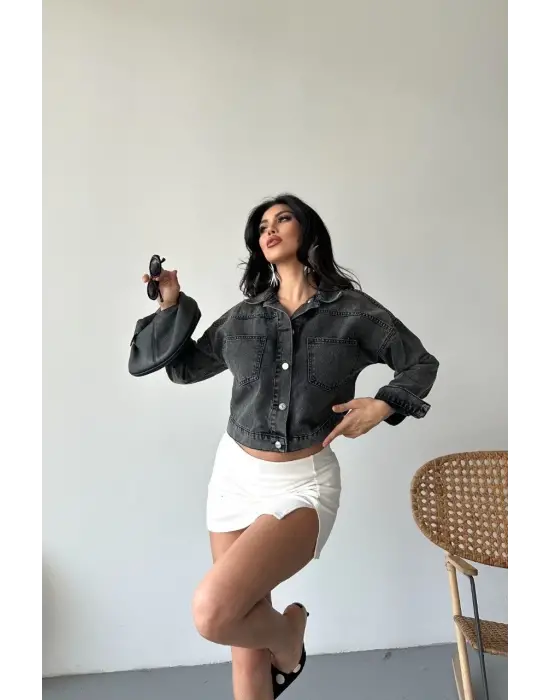 Çift Cepli Kol Katlamalı Süper Taş Enzim Yıkama Crop Kot Ceket Füme D2000