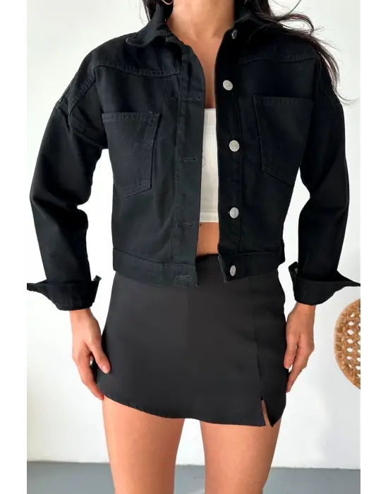 Çift Cepli Kol Katlamalı Süper Taş Enzim Yıkamalı Crop Kot Ceket Siyah D2000