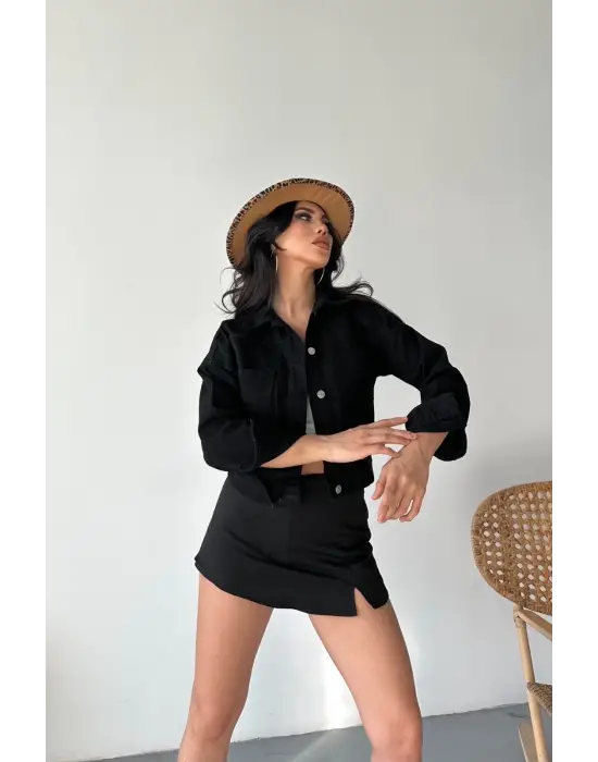 Çift Cepli Kol Katlamalı Süper Taş Enzim Yıkamalı Crop Kot Ceket Siyah D2000