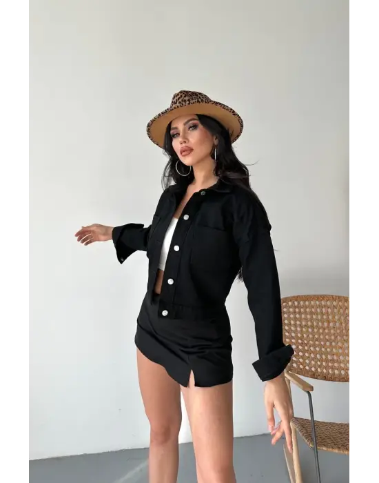 Çift Cepli Kol Katlamalı Süper Taş Enzim Yıkamalı Crop Kot Ceket Siyah D2000