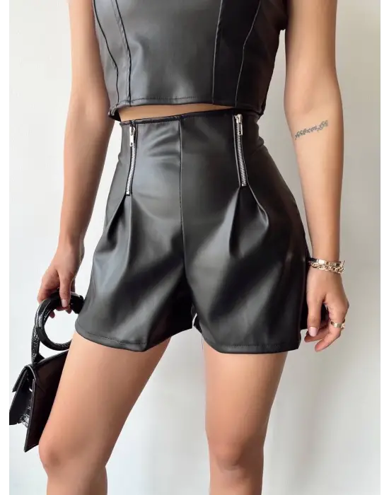 Çift Fermuarlı Deri Şort H24394