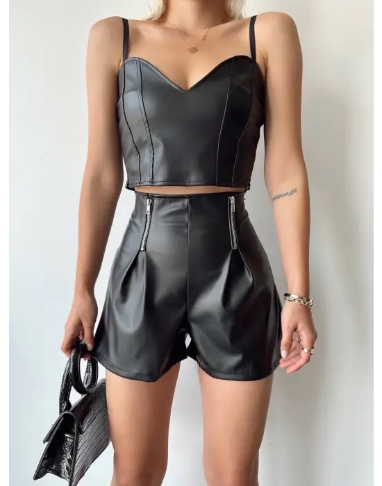 Çift Fermuarlı Deri Şort H24394