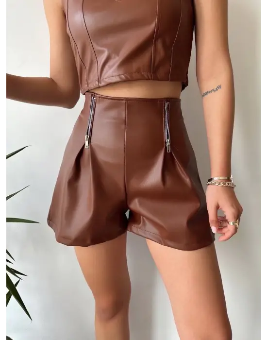 Çift Fermuarlı Deri Şort Kahve H24394