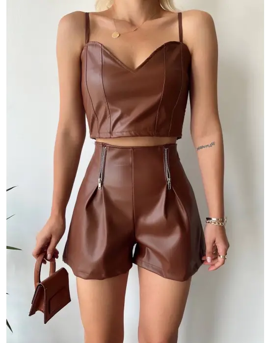 Çift Fermuarlı Deri Şort Kahve H24394