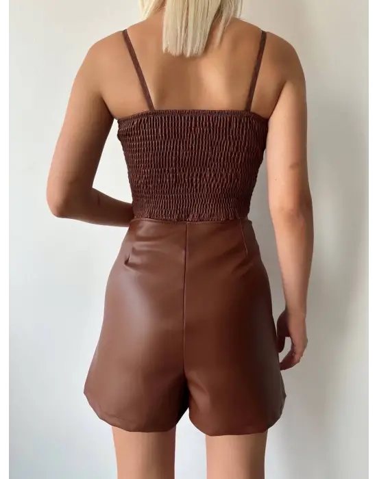 Çift Fermuarlı Deri Şort Kahve H24394