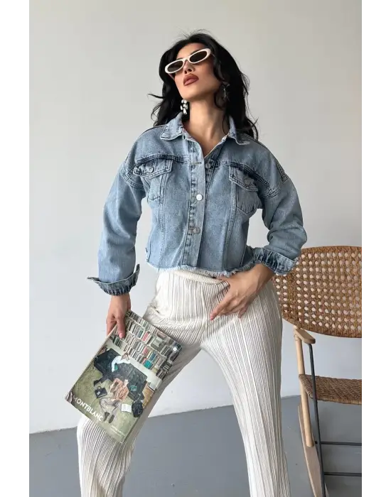 Çift Kapaklı Püsküllü Crop Buz Mavi D2002