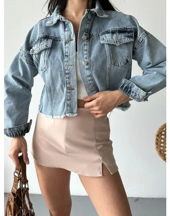 Çift Kapaklı Püsküllü Crop Buz Mavi D2002