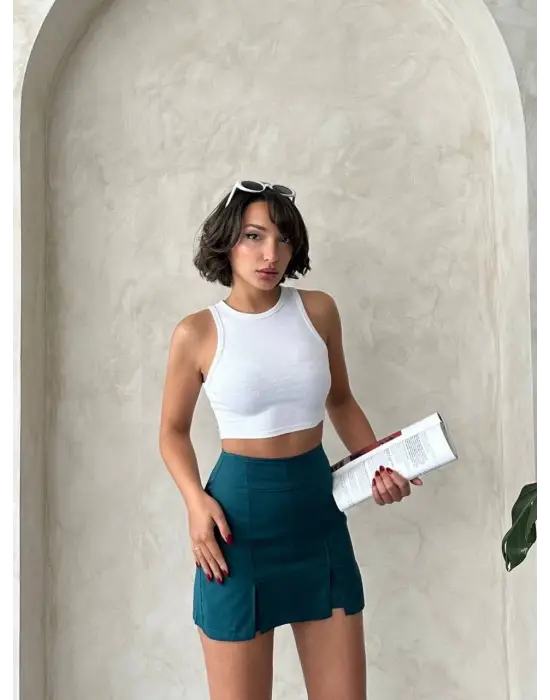 Çift Yırtmaçlı Atlas Şort Etek Petrol Yeşili S240364