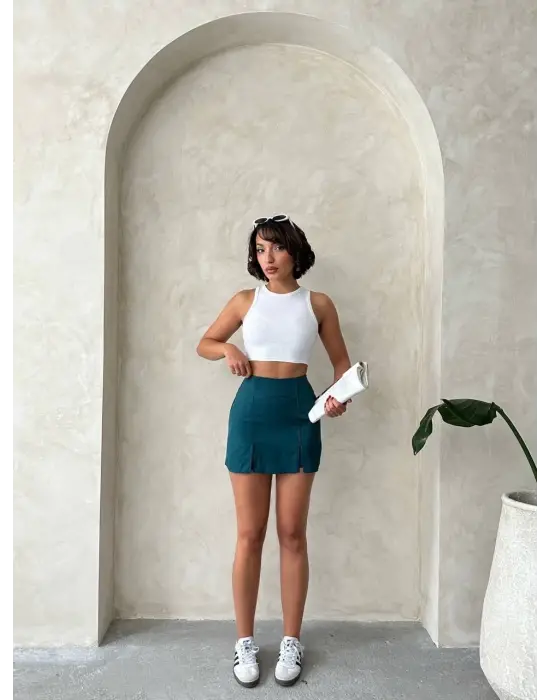 Çift Yırtmaçlı Atlas Şort Etek Petrol Yeşili S240364
