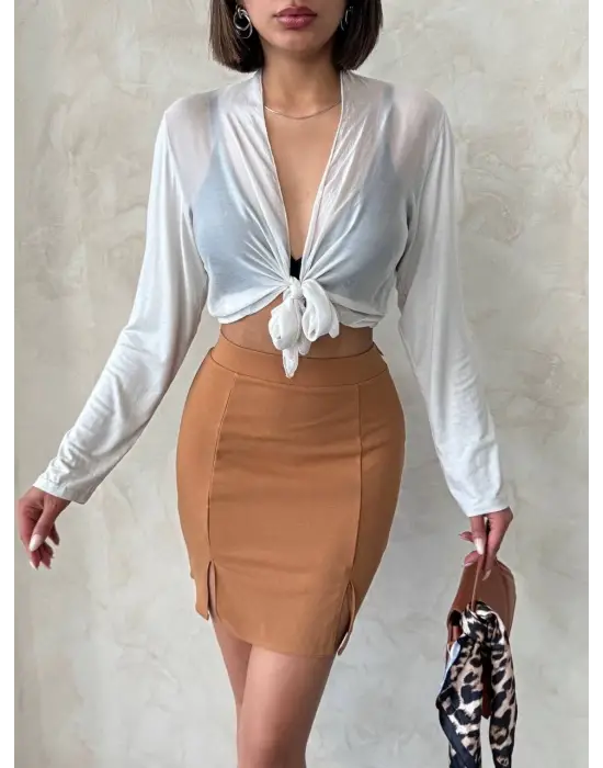 Çift Yırtmaçlı Etek Camel S25910