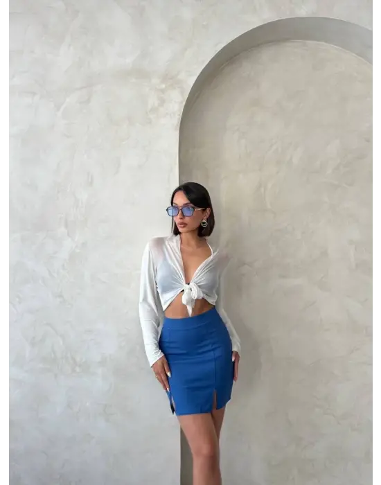 Çift Yırtmaçlı Etek İndigo S25910