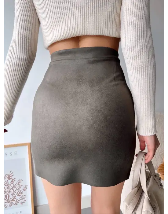 Çift Yurtmaçlı Süet Etek Haki S241002