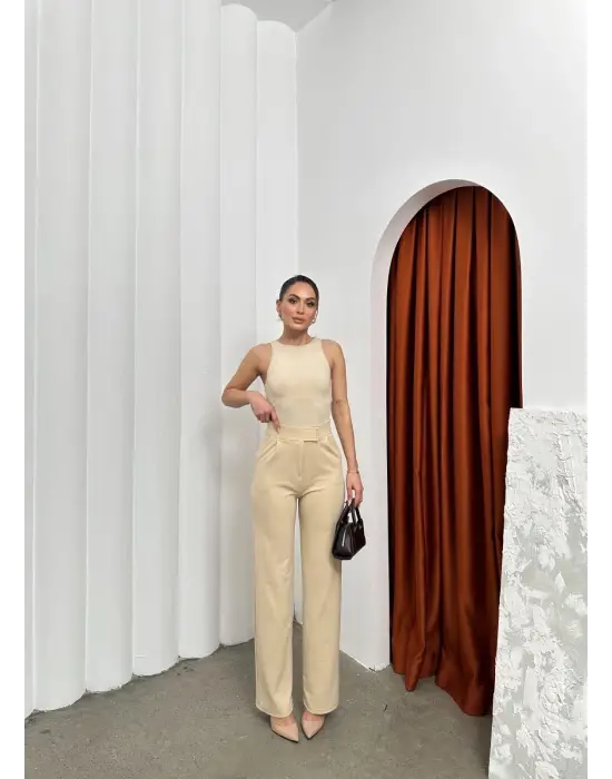 Cırtlı Pantolon Krep Bej Pt