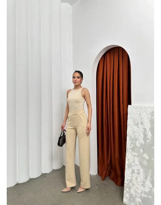 Cırtlı Pantolon Krep Bej Pt