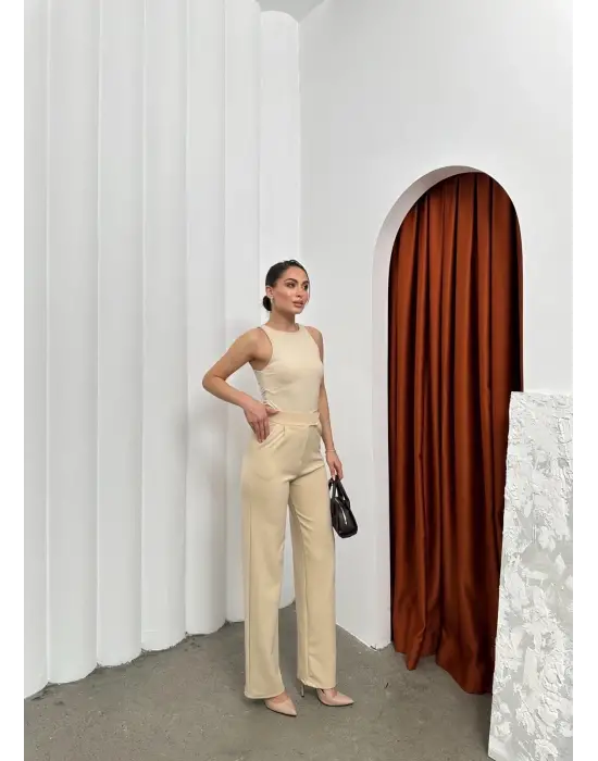 Cırtlı Pantolon Krep Bej Pt
