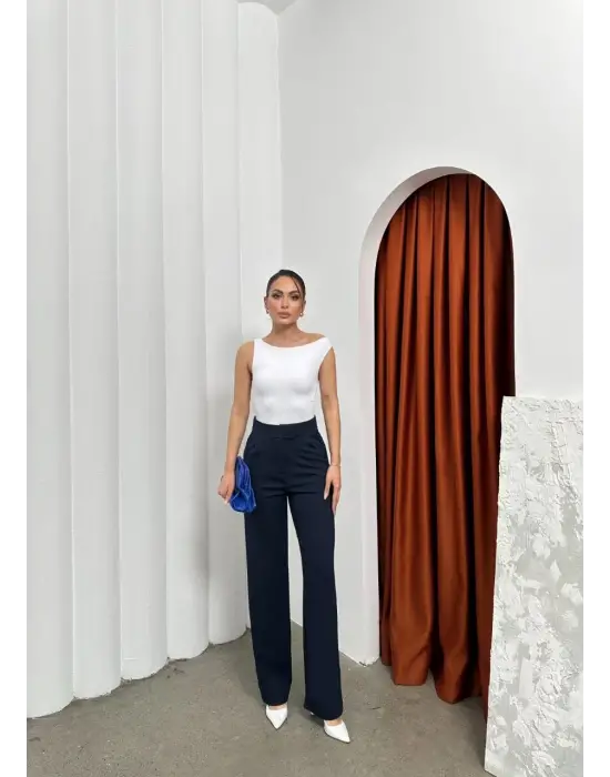 Cırtlı Pantolon Krep Lacivert Pt