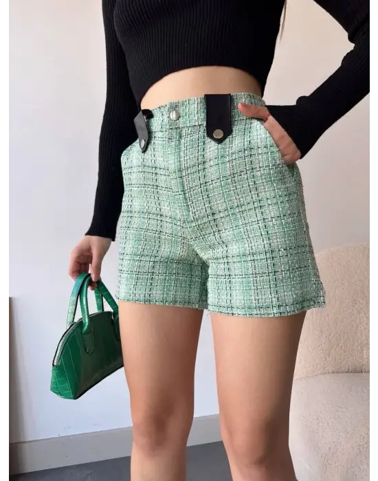 Çıtçıtlı Siyah Köprü Tüvit Şort Yeşil