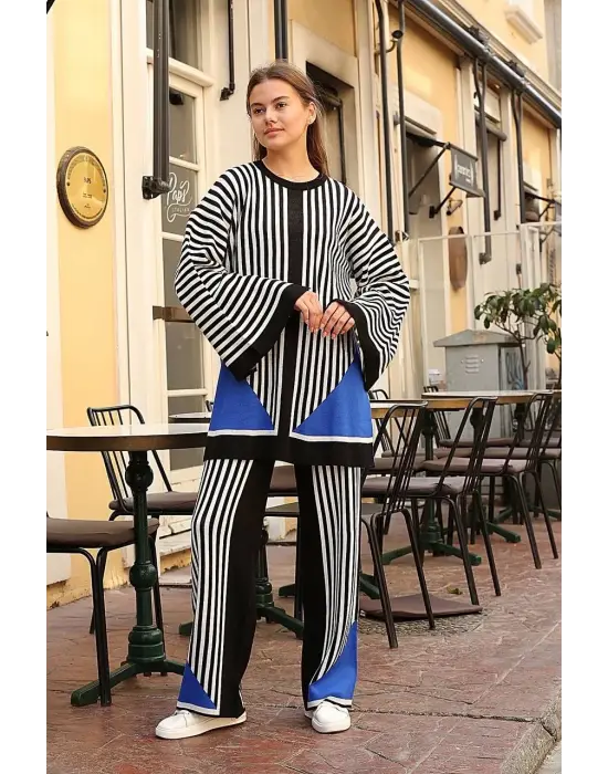 Çizgili Bisiklet Yaka Triko Takım Siyah