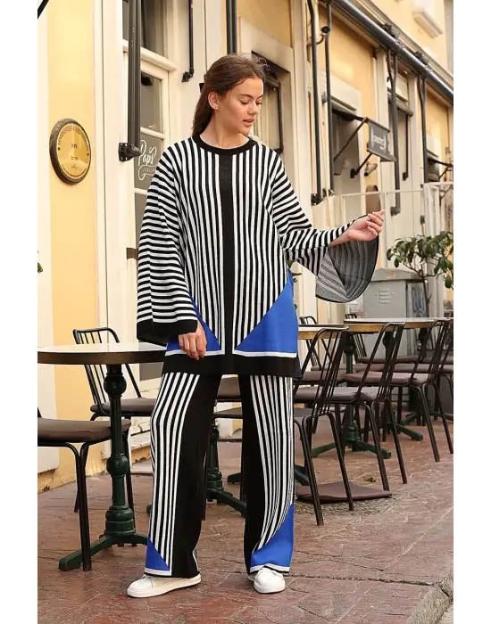 Çizgili Bisiklet Yaka Triko Takım Siyah