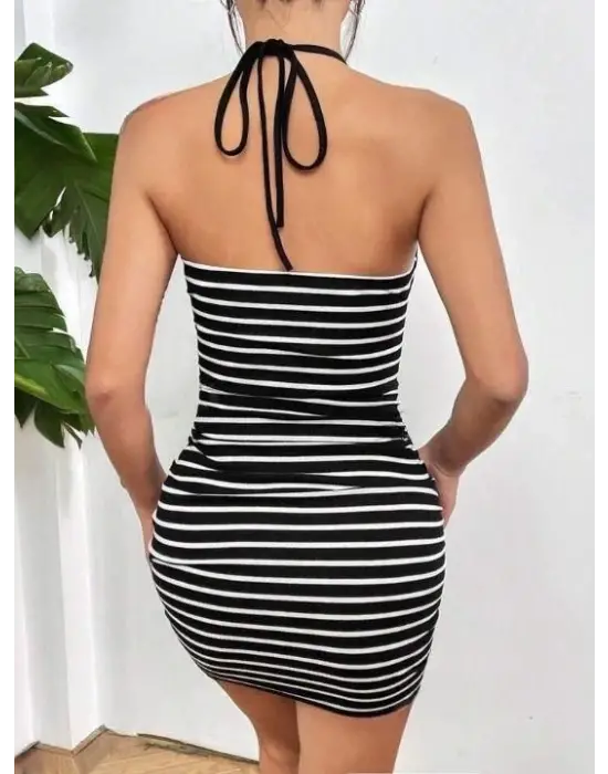 Çizgili Boyundan Bağlamalı Elbise
