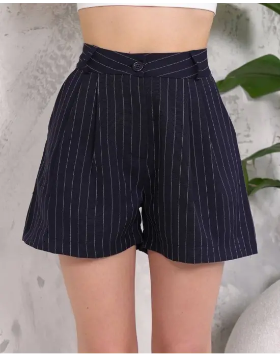 Çizgili Düğmeli Şort Siyah S2551251