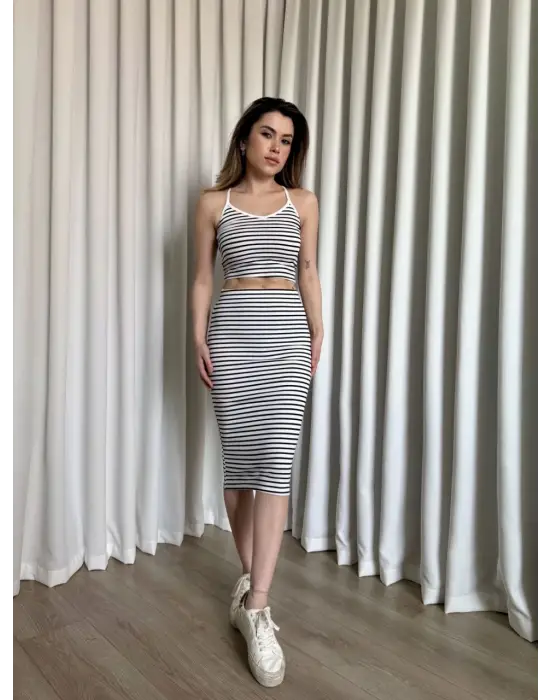 Çizgili Etek Crop Takım