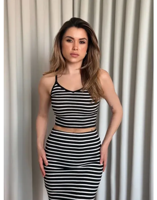 Çizgili Etek Crop Takım