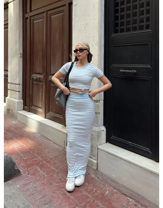 Çizgili Etekli Takım Mavi S3609