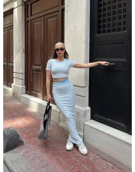 Çizgili Etekli Takım Mavi S3609