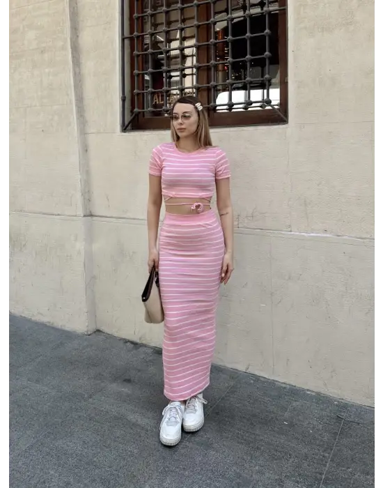 Çizgili Etekli Takım Pembe S3609